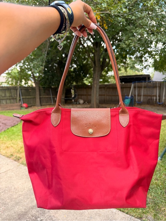Longchamp Handbags - Longchamp Red Nylon Tote with Brown Leather Trim